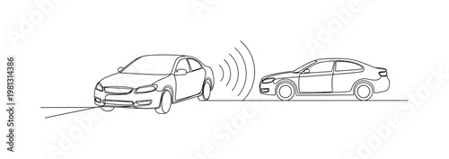 "Safety Detection Feature". Minimalistic one-line drawing car sensing another vehicle in adjacent lane with signal waves, continuous single black line on white