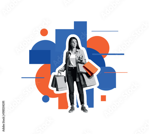 person selecting products in store as main subject, black and white realistic figure with shopping items, bold blue and orange geometric circles and rectangles