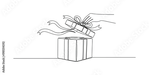 "Birthday Gift Surprise". Minimalistic one-line drawing wrapped gift box with ribbon being opened with excitement, continuous single black line on white