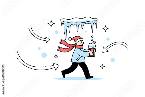 Snow celebration moment. A single character holds a frosted drink under hanging icicles, with soft snow-like dots floating around. Curved motion lines and