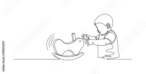 "Handmade Toys". Minimalistic one-line drawing child interacting with finished wooden toy with subtle movement lines, continuous single black line on white