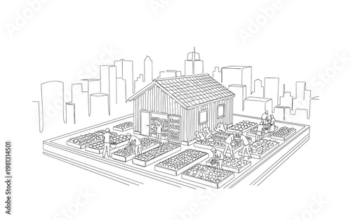"Sustainable Urban Farming". Minimalistic one-line drawing compact farm with people harvesting produce in city environment, continuous single black line on