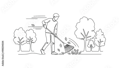 "Yard Work". Minimalistic one-line drawing person raking leaves with simple motion lines and trees around, continuous single black line on white background,