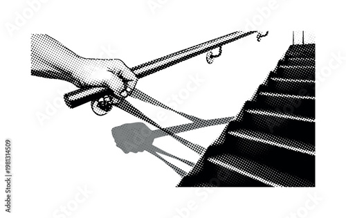 A hand gripping a stair railing with shadows stretching downward, symbolic gesture, tightly framed and dynamic angle, monochrome halftone illustration, visible