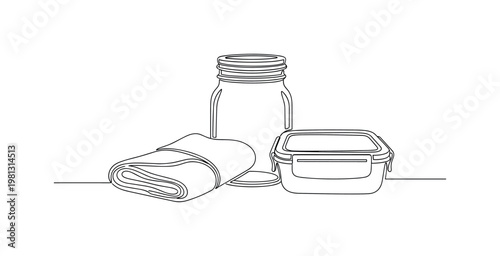 "Sustainable Living". Minimalistic one-line drawing glass jar, cloth wrap, and reusable container arranged together, continuous single black line on white
