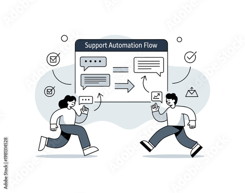 Support automation flow. A central interface panel shows messages being processed, with arrows guiding them through simple steps. Small checkmarks and icons