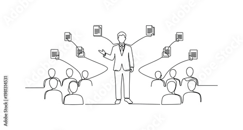 "Team Guidance". Minimalistic one-line drawing leader addressing employees with discussion lines and document icons, continuous single black line on white