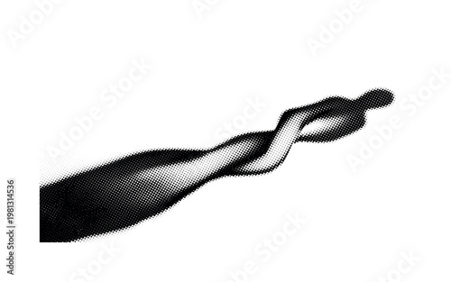 A long shadow of a figure twisting across the ground, distorted and elongated, off-center composition with negative space, black and white halftone