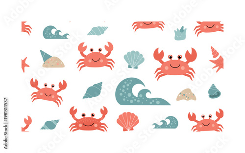 Cute crabs beach theme, seamless pattern, repeating pattern, surface design, textile print, soft color palette, modern illustration, no shadows, flat lighting,