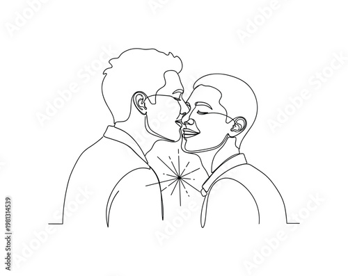 "Shared Moment". Minimalistic one-line drawing person whispering or smiling to another with connection lines indicating intimacy, continuous single black line