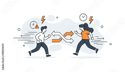 Rapid decision making. A single figure chooses between two clear paths, with arrows splitting and one highlighted decisively. Small clock and lightning icons