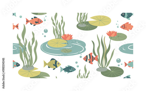 Pond life with fish and plants, seamless pattern, repeating pattern, surface design, textile print, soft color palette, modern illustration, no shadows, flat