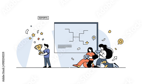 Esports tournament. A single gamer stands under a minimal spotlight holding a trophy, with a large screen silhouette behind showing a simple bracket. Confetti