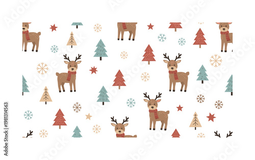 Cute reindeer winter theme, seamless pattern, repeating pattern, surface design, textile print, soft color palette, modern illustration, no shadows, flat