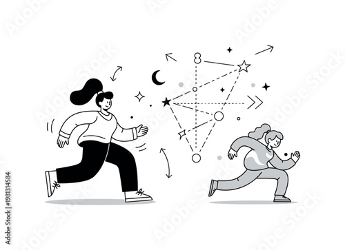 Celestial chart. A minimal star map connects symbols with thin lines, forming a structured constellation-like diagram. Subtle arrows and dots highlight