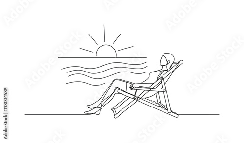 "Late Summer Vacation". Minimalistic one-line drawing person relaxing on beach chair with sun and waves in background, continuous single black line on white