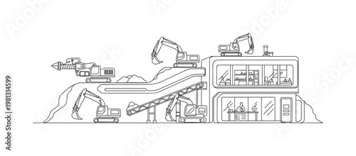 "Mining Industry Innovation". Minimalistic one-line drawing futuristic mining facility with research lab and automated machinery, continuous single black line