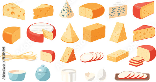Cheese Variety Set with Different Types Slices Wheels and Dairy Products Illustration Collection for Food Market and Cooking Design