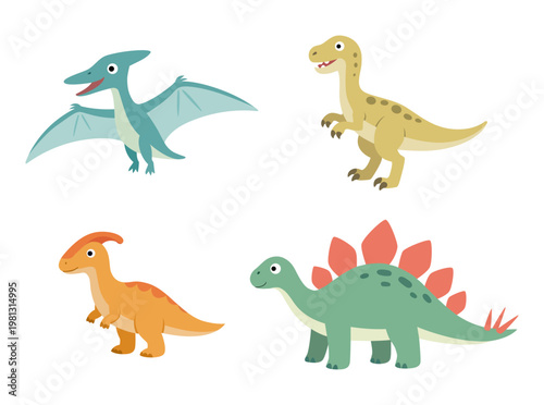 Cute cartoon dinosaur collection with flying and walking prehistoric animals