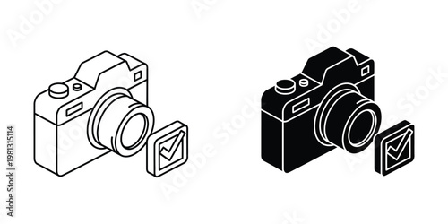 Comparison of classic and modern film camera icons with verification symbols