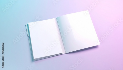 Open blank book with curved white pages, standing upright against soft pastel gradient background of pink, purple, and light green, symbolizing creativity and potential.