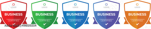 Set of Colorful Business Certified Shield Badges Vector with 'BUSINESS CERTIFIED' Text and Checkmarks, Isolated on White