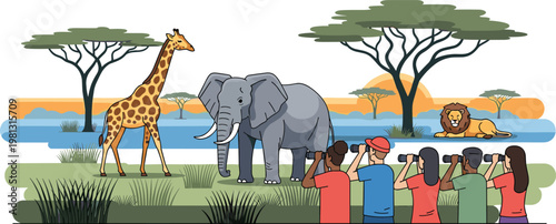 Tourists photographing wild animals in African safari with elephant giraffe lion and savanna landscape nature travel illustration