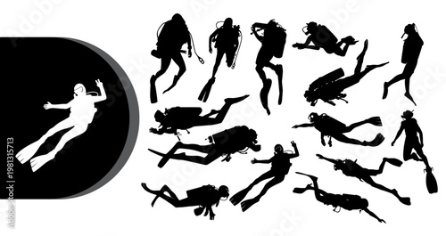 A collection of scuba divers in various poses on a white background