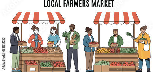 People buying fresh vegetables at local farmers market with organic produce stalls and community outdoor shopping illustration