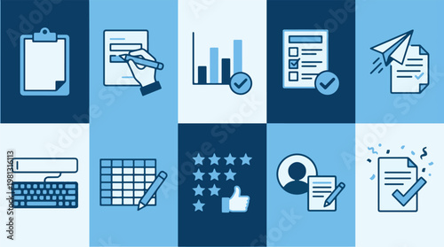 A collection of business workflow icons in blue and white