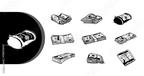A black and white illustration of money rolls and bills scattered on a plain background