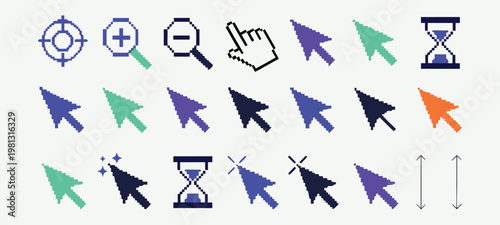 Cursor icon set vector mouse pointer arrow click symbols UI elements isolated collection for web and app design. Clean outline and filled styles. Ideal for interface, UX, presentation, branding, print