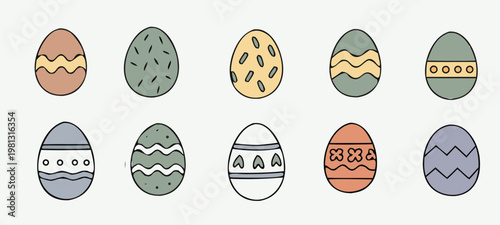 Easter egg illustration set decorative patterned oval icons vector collection isolated for holiday design. Soft pastel palette clean line style. Ideal for greeting, packaging, branding, print.