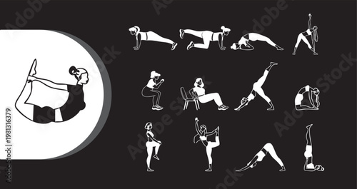 A fit woman performing various yoga poses in a peaceful and serene environment