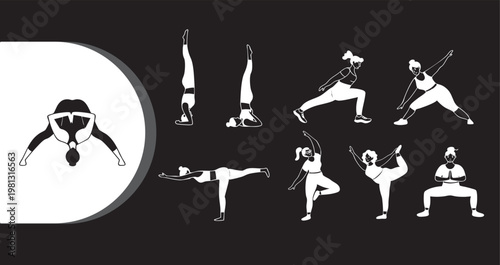 A fit woman in various yoga poses and martial arts stances in black and white