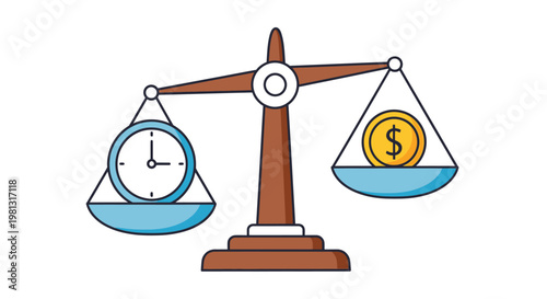 Vector illustration of a balance scale weighing time against money for effective business management concepts
