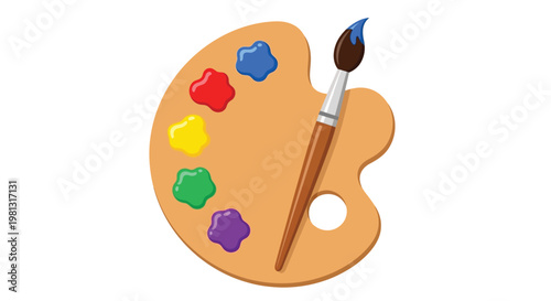 Professional wooden art palette with vibrant colorful paint blobs and a single brush vector graphic design