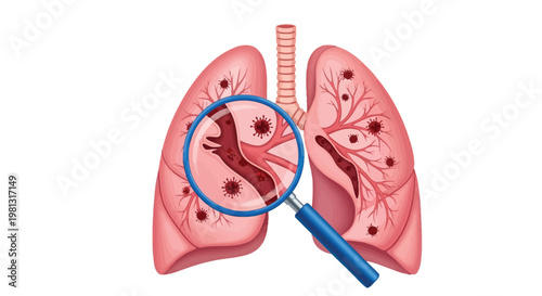 Vector graphic illustration depicting human lungs suffering from viral infection with magnified detail.
