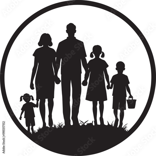 Silhouette of a happy family with three children walking together in a circular frame