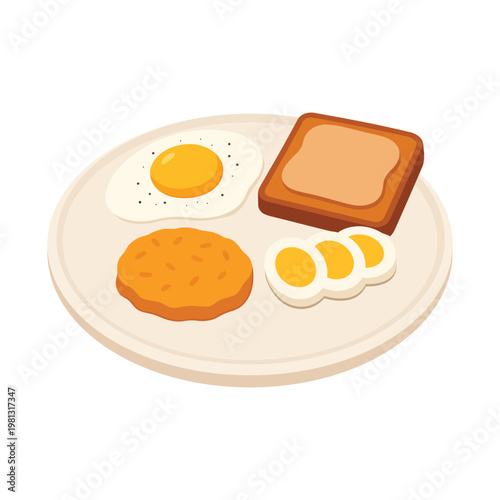 Breakfast Plate Vector Illustration with Fried Egg and Toast, Minimal Morning Meal Design, Clean Flat Food Composition, Simple Kitchen Breakfast Graphic, Modern Food Vector