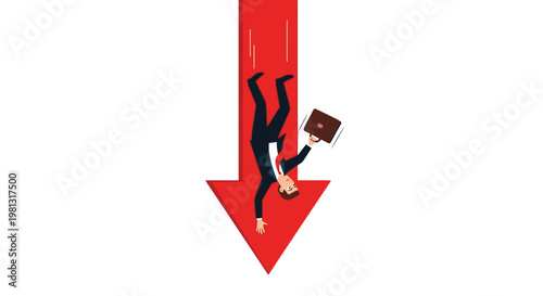 Vector graphic illustration of a businessman falling down a red arrow representing financial crisis and decline.
