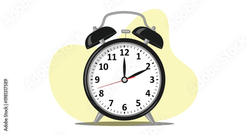 Classic round alarm clock showing afternoon time in a clean flat vector graphic design style