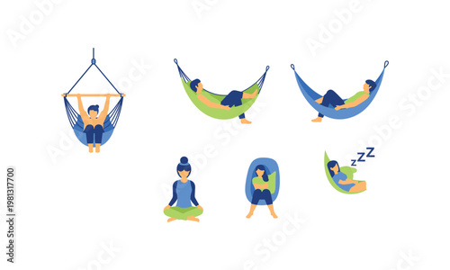 Relaxation techniques illustrated through various comfortable poses in hammocks and seating.