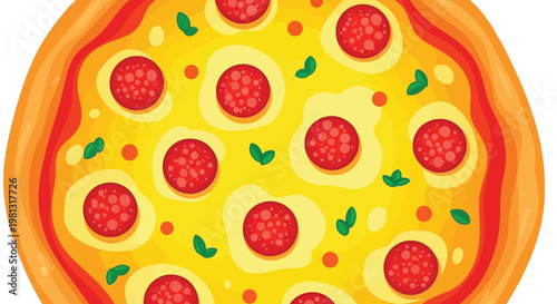 Delicious pepperoni pizza vector illustration featuring melted cheese slices and fresh basil leaves for graphic projects