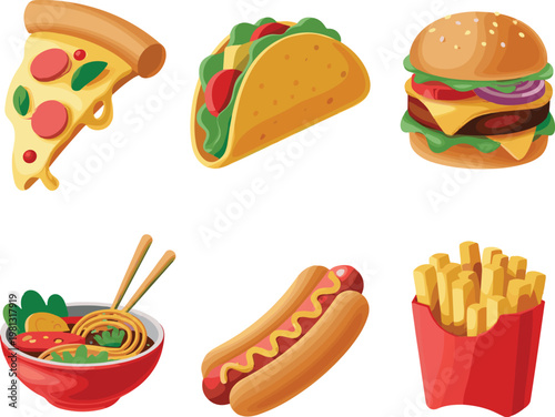 High quality fast food set with burger pizza taco noodles and fries in glossy cartoon style