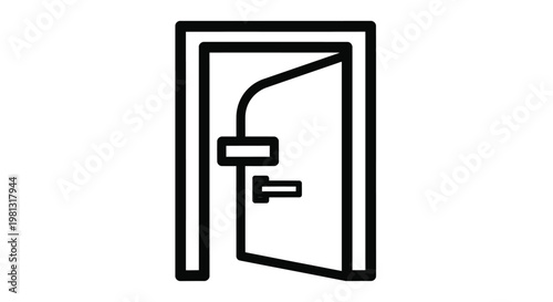 A simple black and white line drawing depicts an open doorway with a handle and lock