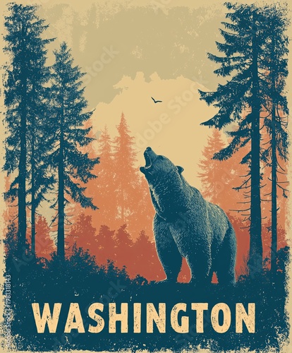 A bear howls under a full moon in a dense forest, with 