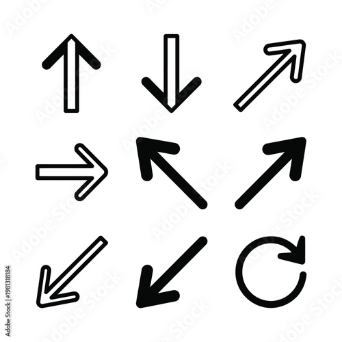 Mixed Style Arrow Icon Set with Outline and Solid Directional Symbols