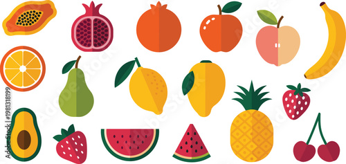 Diverse set of fresh fruit icons in vibrant flat design style for healthy lifestyle concepts