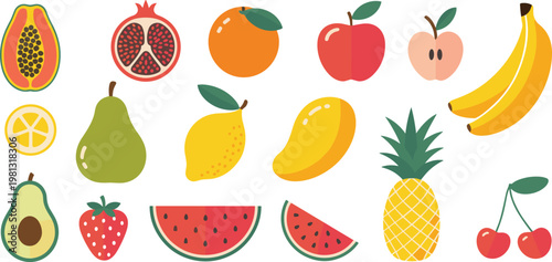 Set of colorful fresh fruit icons in flat minimalist design for healthy lifestyle concepts